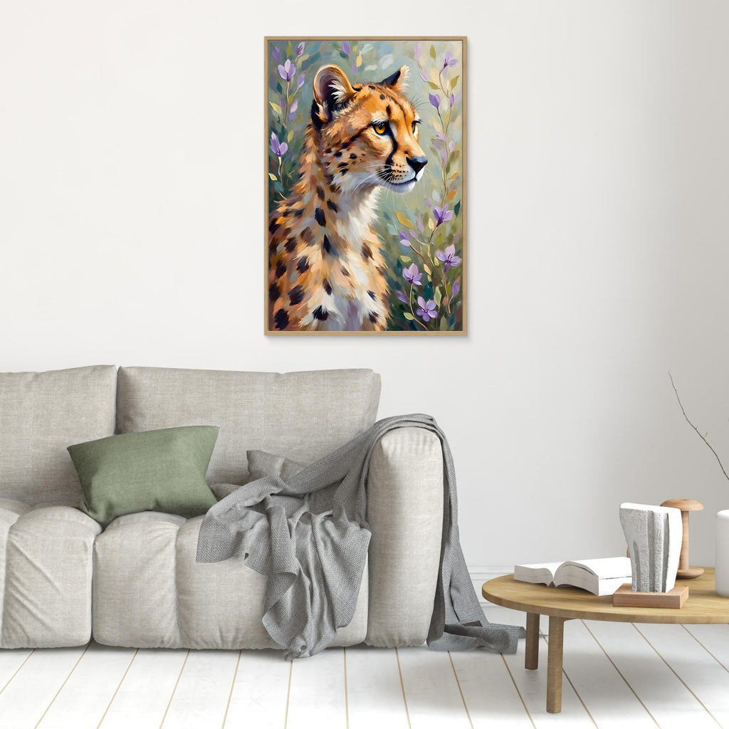 Delicate Oil Style Cheetah In Flowers Canvas Minimalist Wall Decor