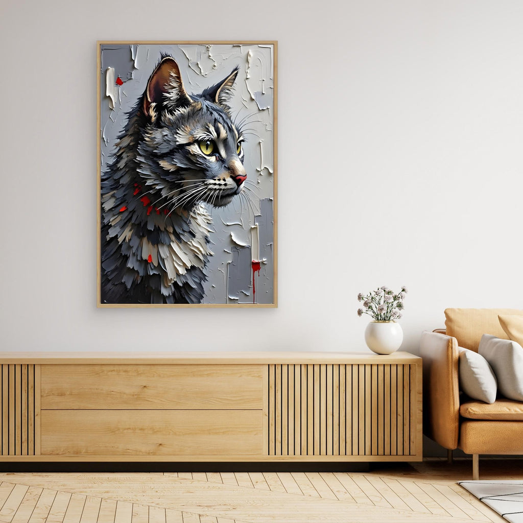 Statement Oil Style Domestic Gray Cat Minimalist Wall Canvas