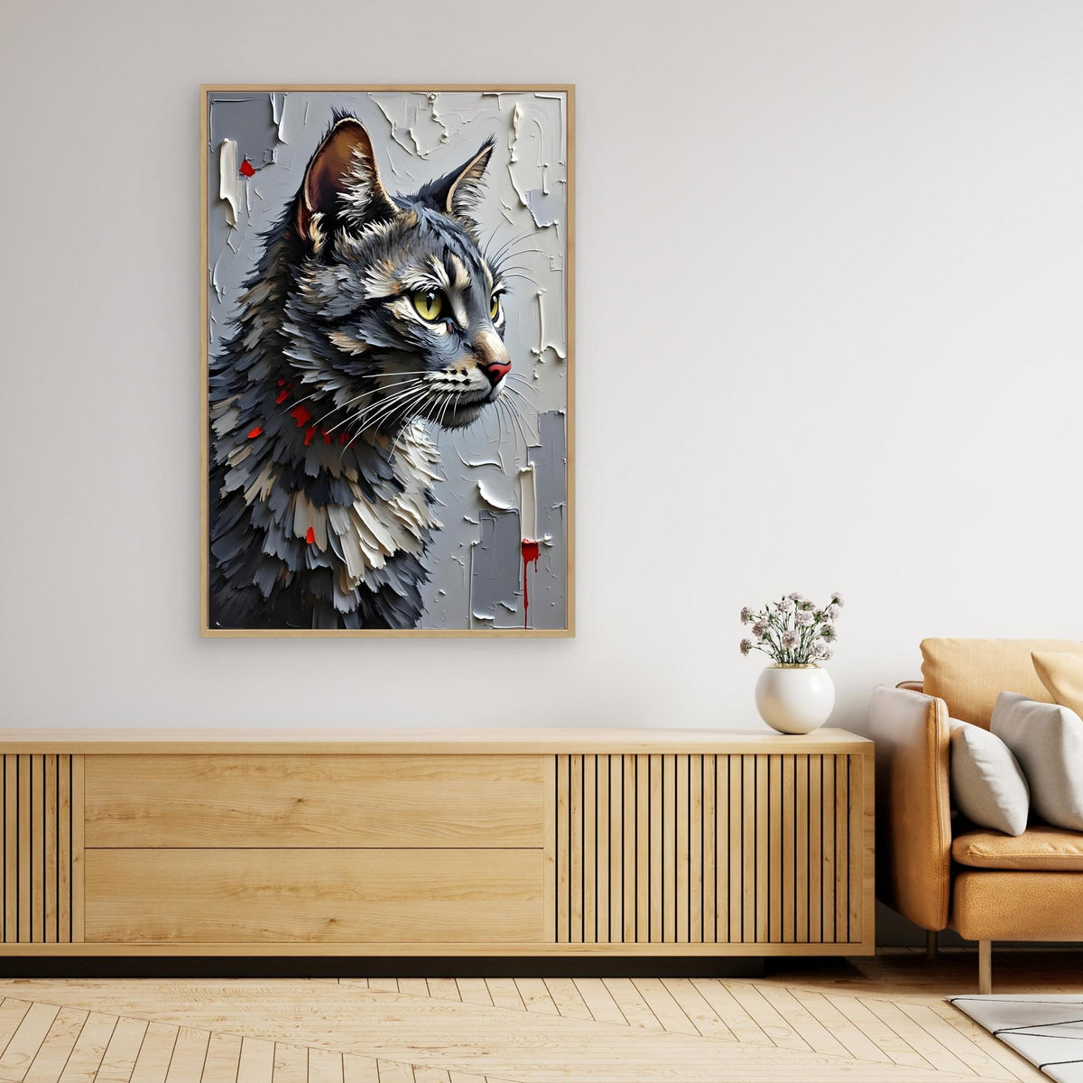 Statement Oil Style Domestic Gray Cat Minimalist Wall Canvas