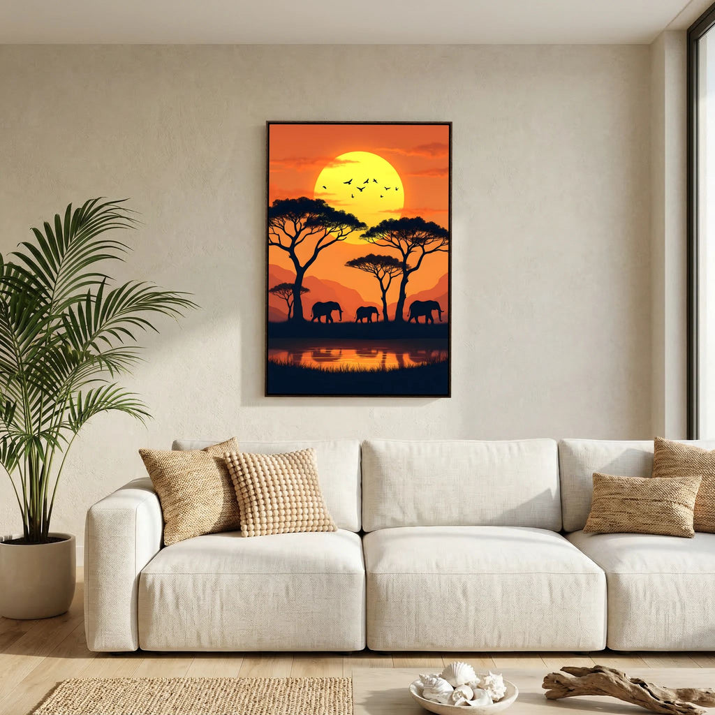 Elephants At The Watering Hole At Sundown Wall Art