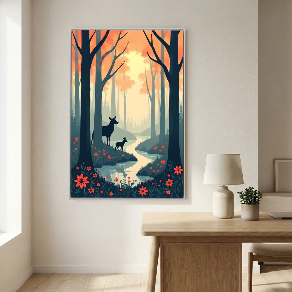 Dark Forest Scene With Deer Abstract Print