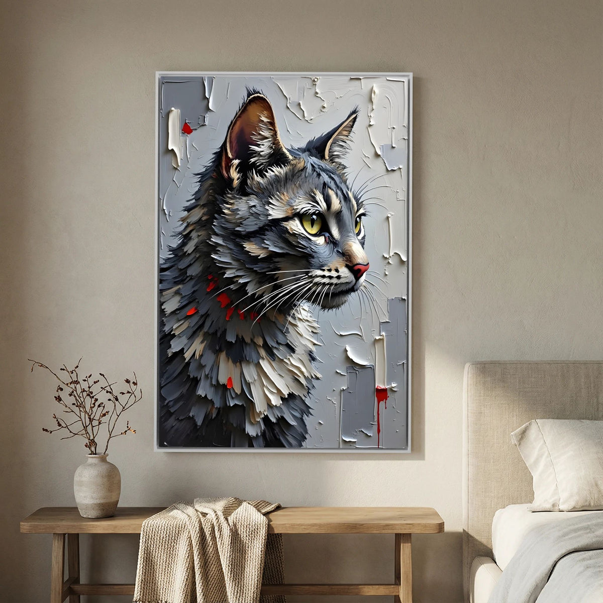 Statement Oil Style Domestic Gray Cat Minimalist Wall Canvas