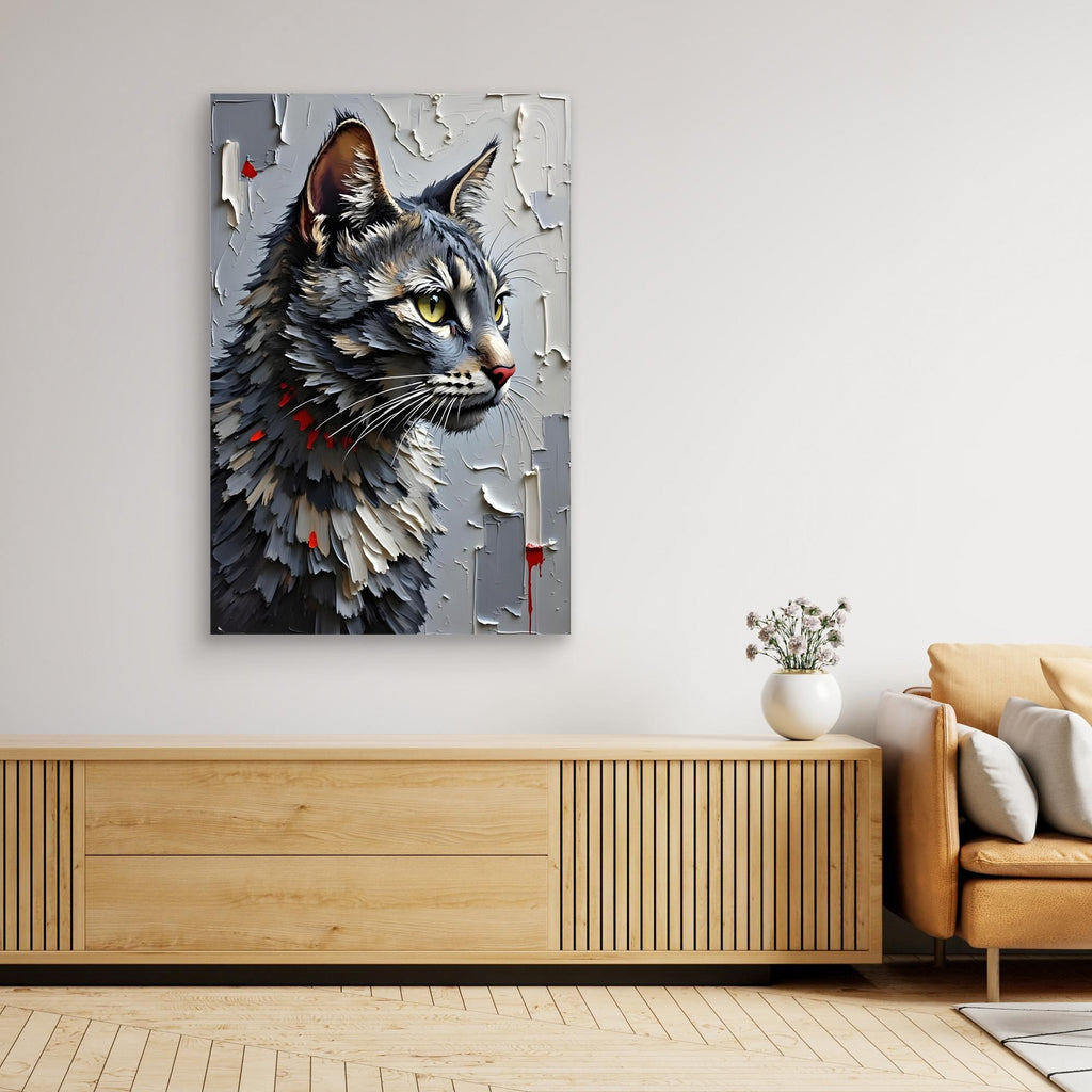 Statement Oil Style Domestic Gray Cat Minimalist Wall Canvas