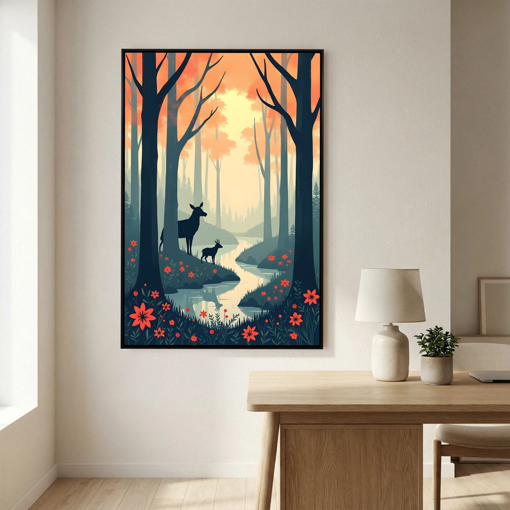Dark Forest Scene With Deer Abstract Print