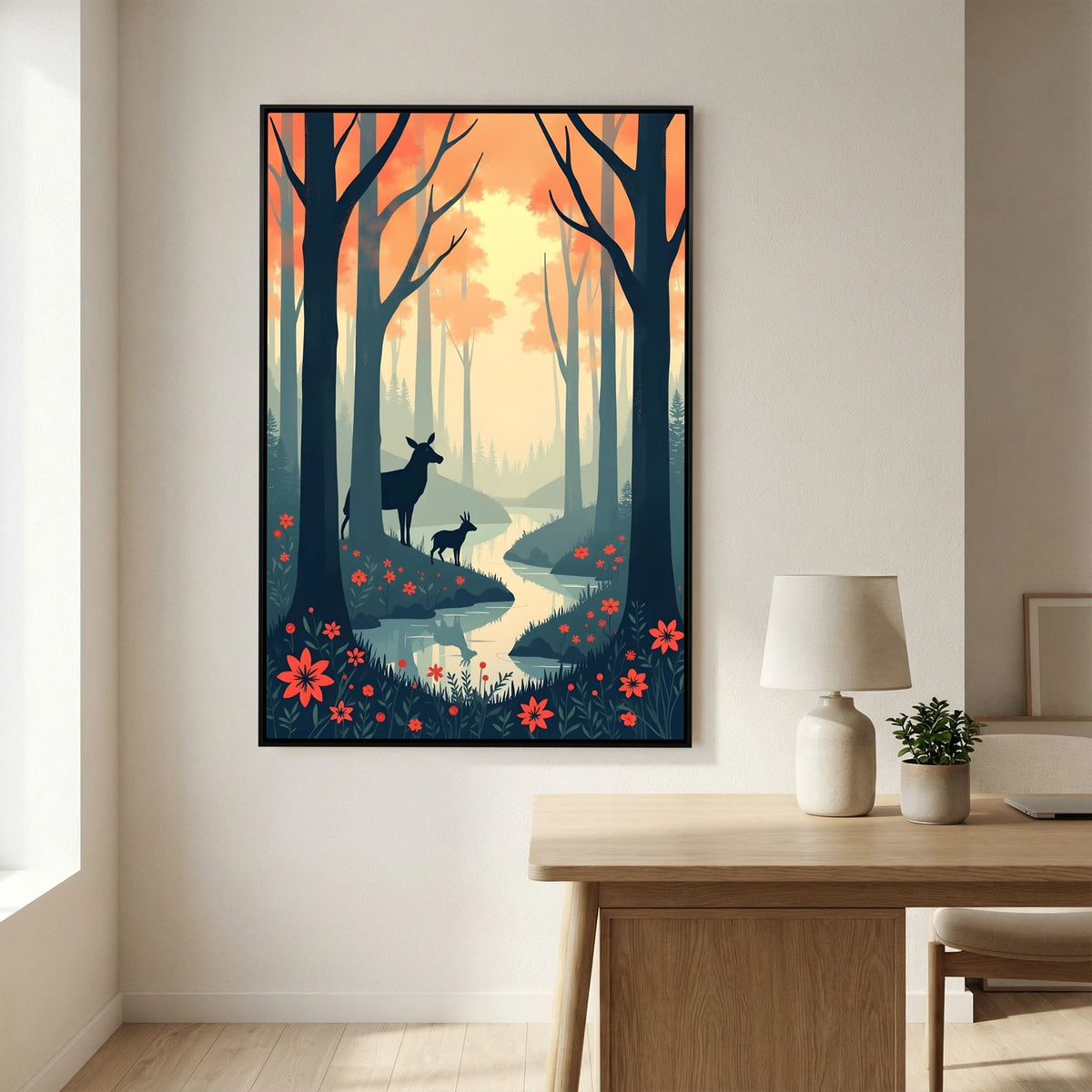 Dark Forest Scene With Deer Abstract Print