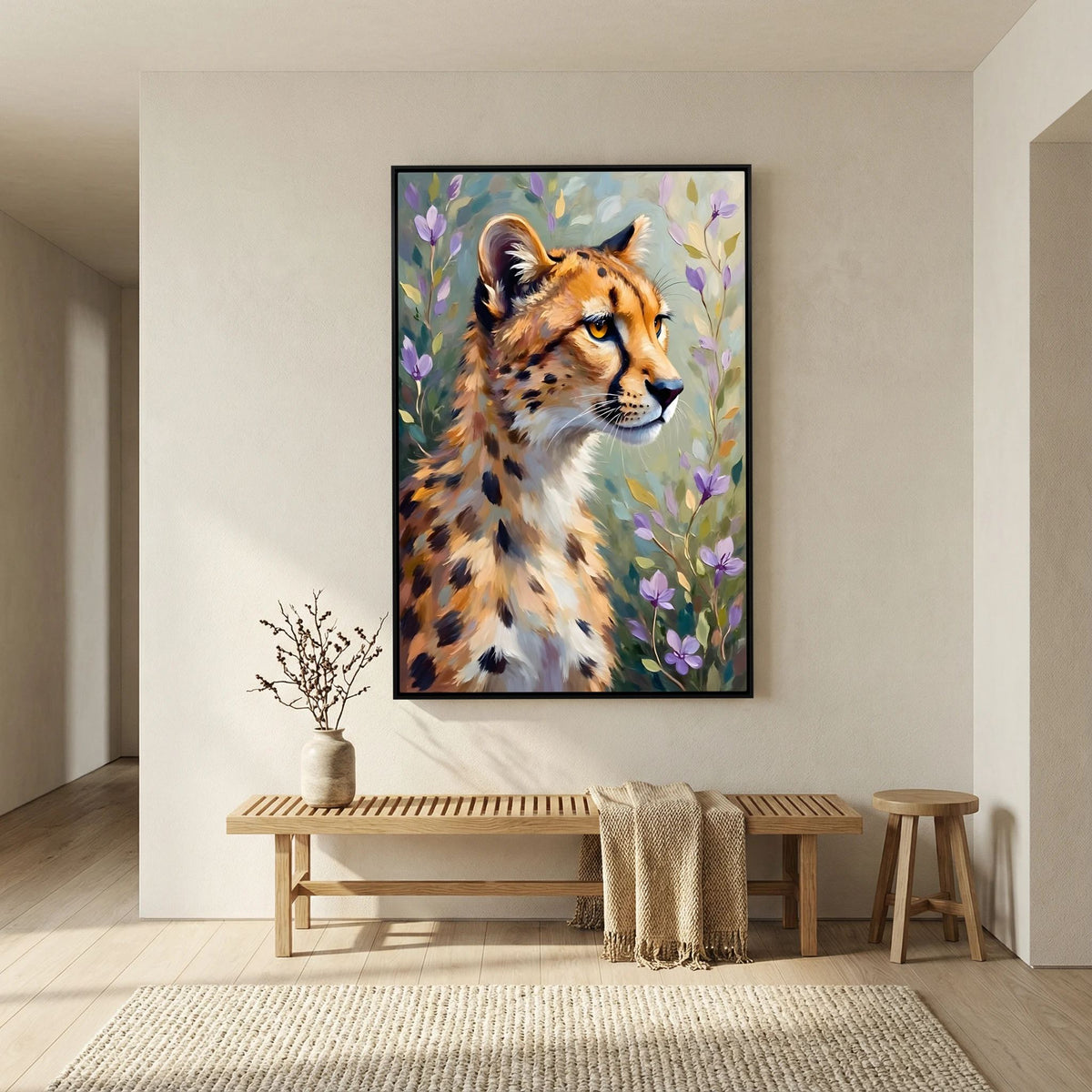 Delicate Oil Style Cheetah In Flowers Canvas Minimalist Wall Decor