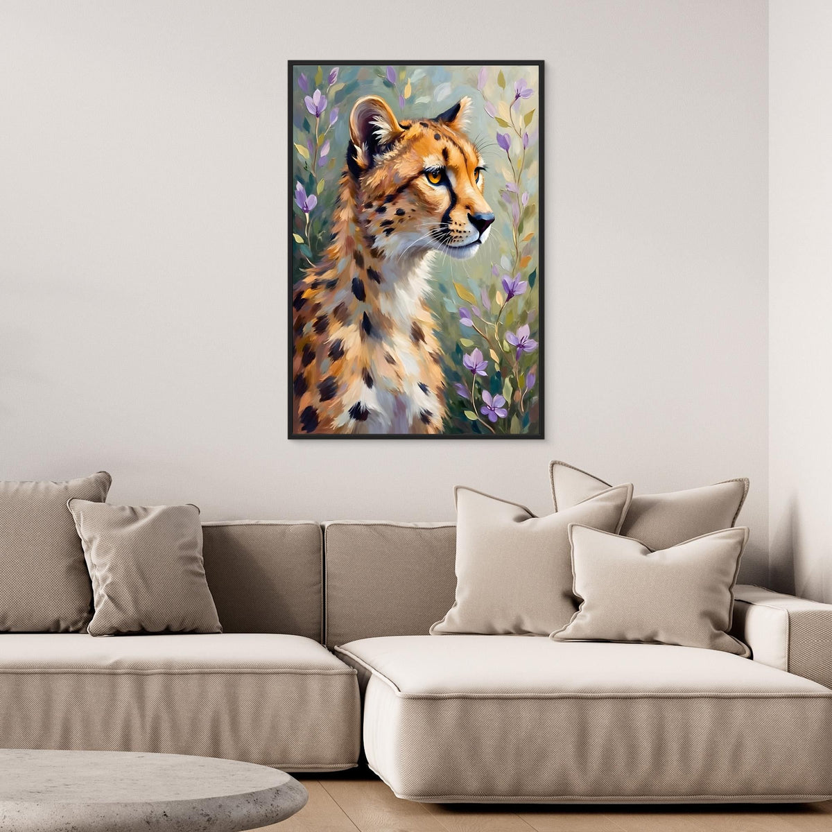 Delicate Oil Style Cheetah In Flowers Canvas Minimalist Wall Decor