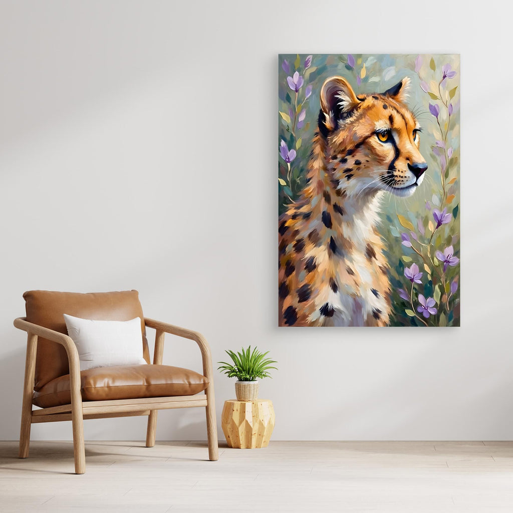 Delicate Oil Style Cheetah In Flowers Canvas Minimalist Wall Decor