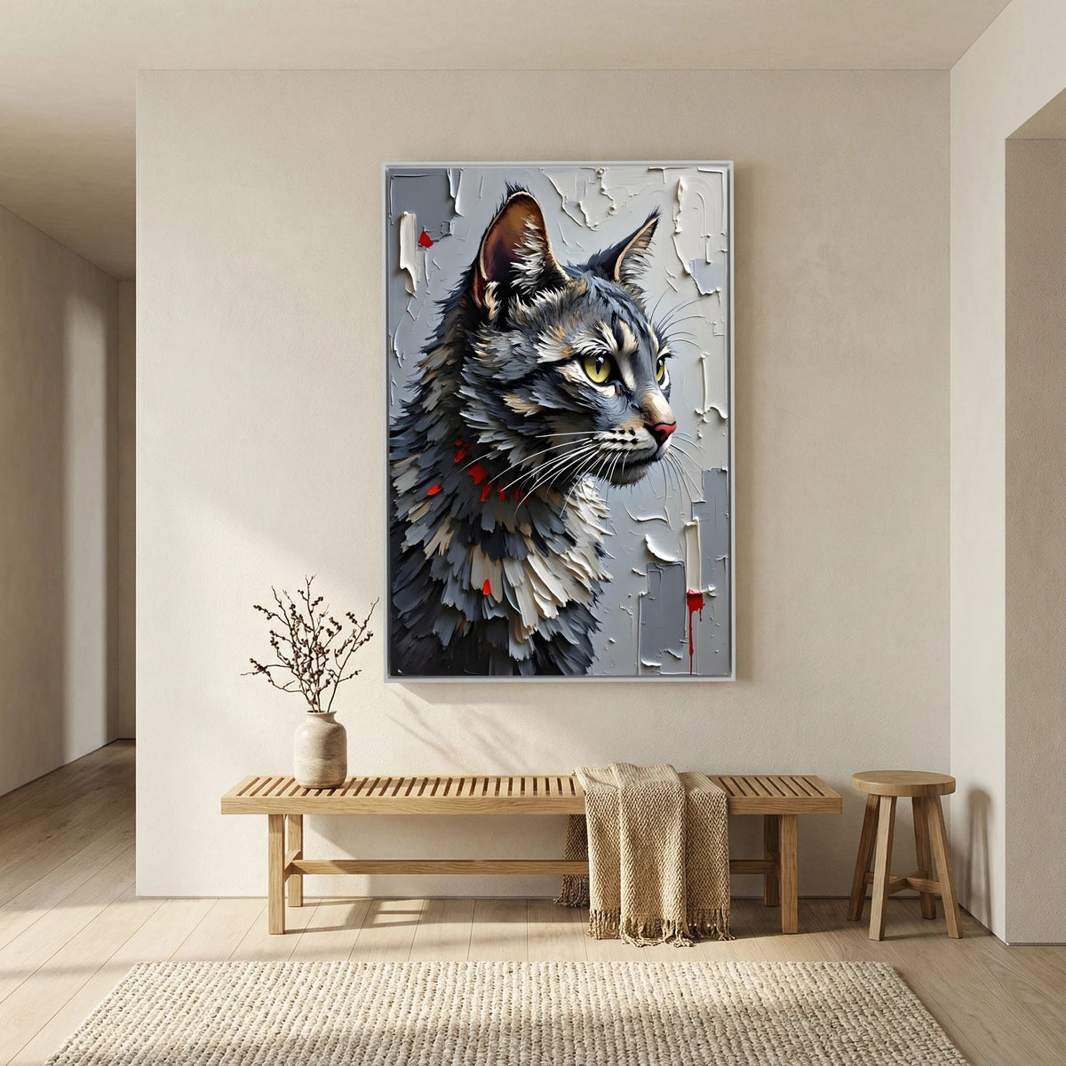 Statement Oil Style Domestic Gray Cat Minimalist Wall Canvas