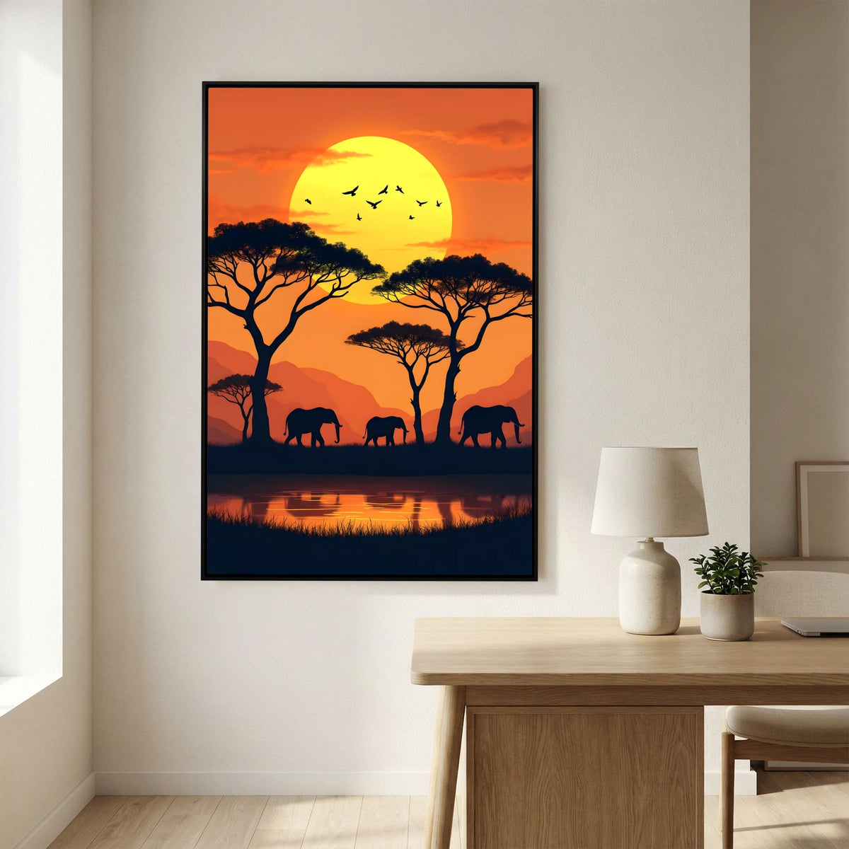 Elephants At The Watering Hole At Sundown Wall Art