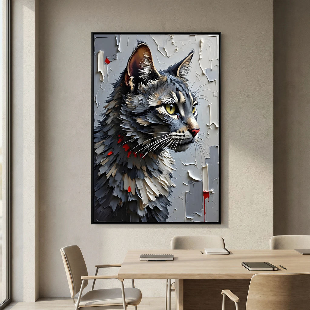 Statement Oil Style Domestic Gray Cat Minimalist Wall Canvas