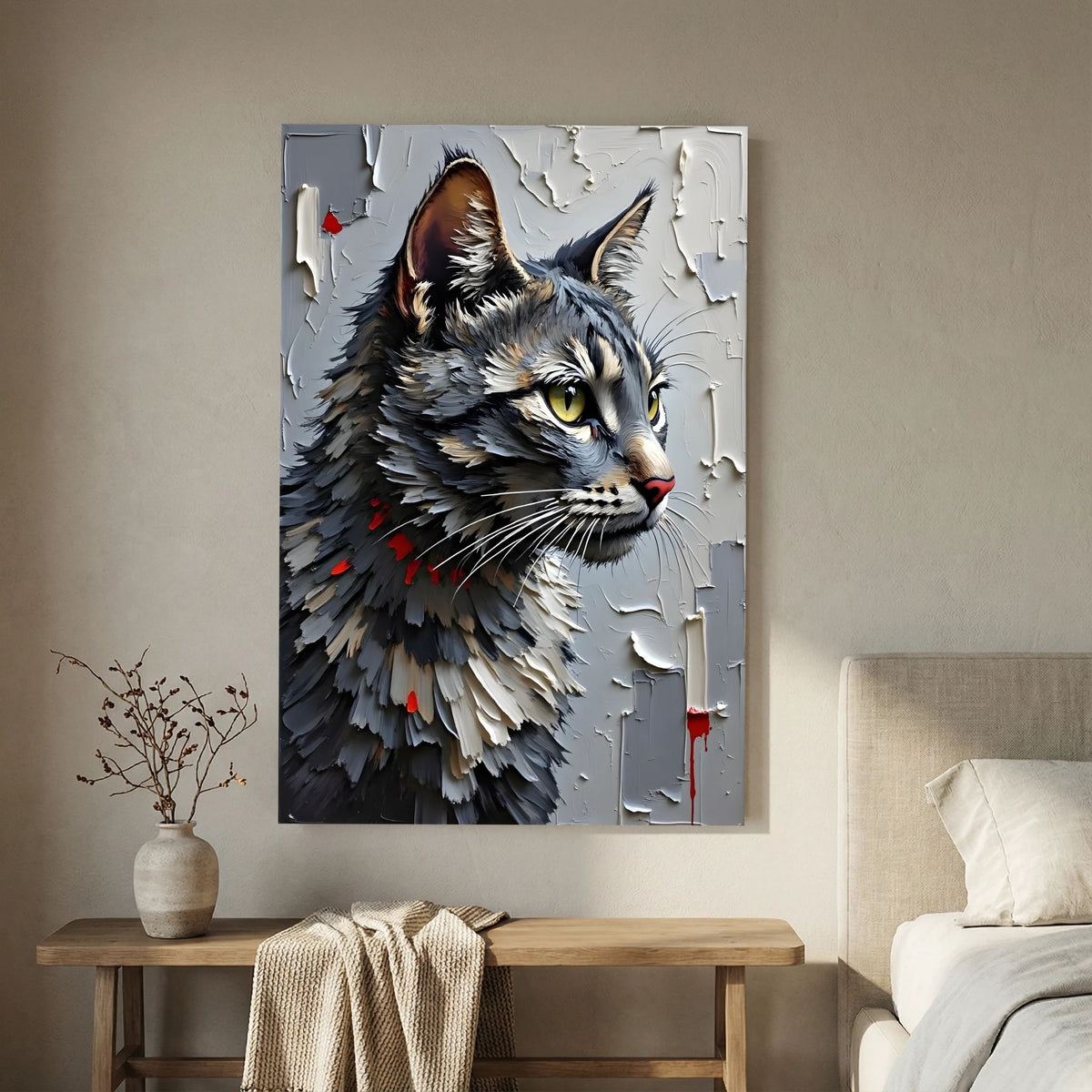 Statement Oil Style Domestic Gray Cat Minimalist Wall Canvas