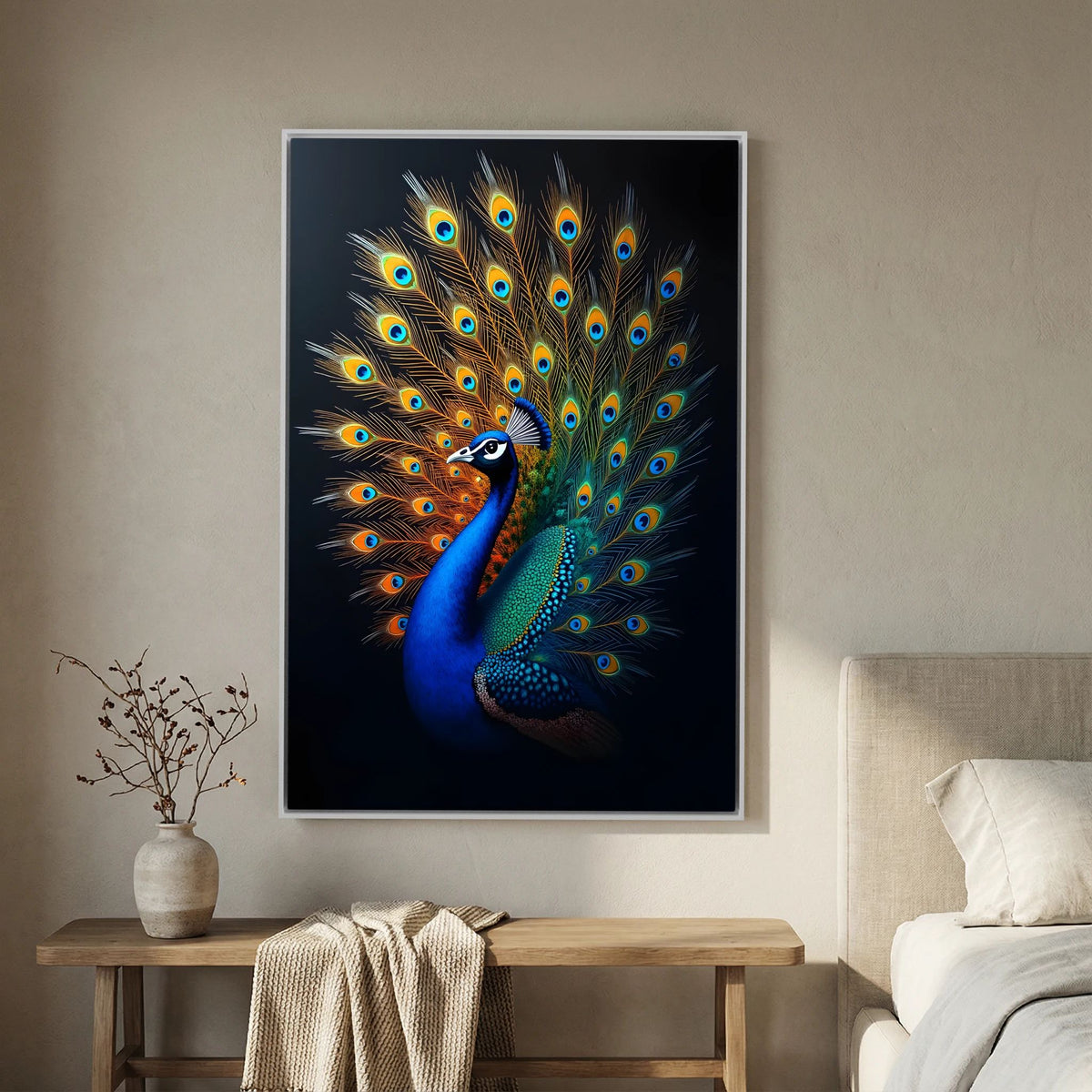Vibrant Abstract Peacock Black Background Minimalist Wall Canvas