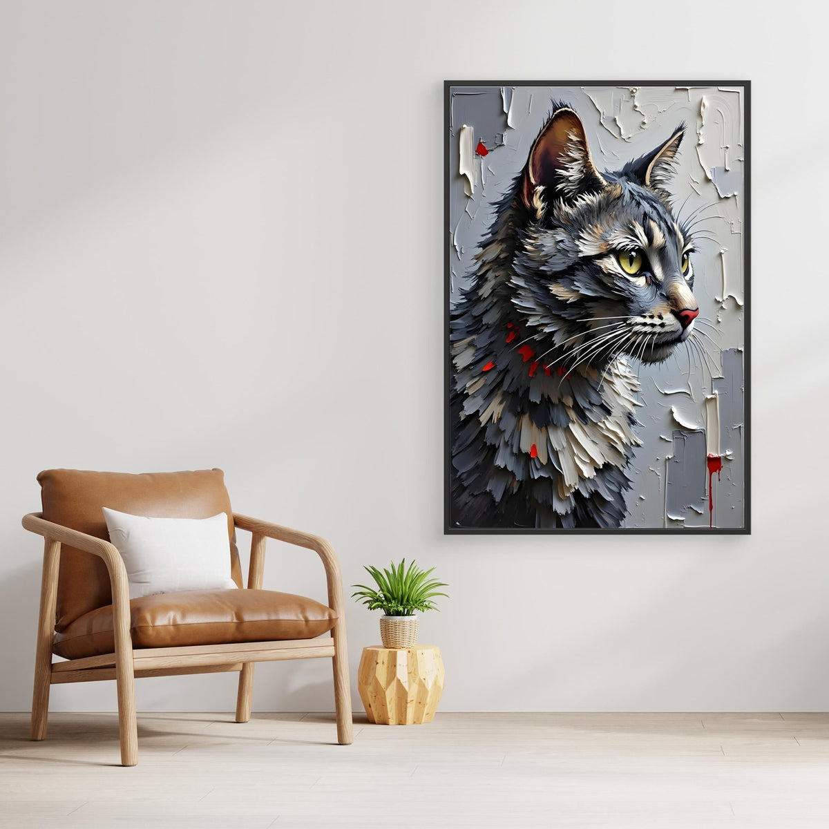 Statement Oil Style Domestic Gray Cat Minimalist Wall Canvas