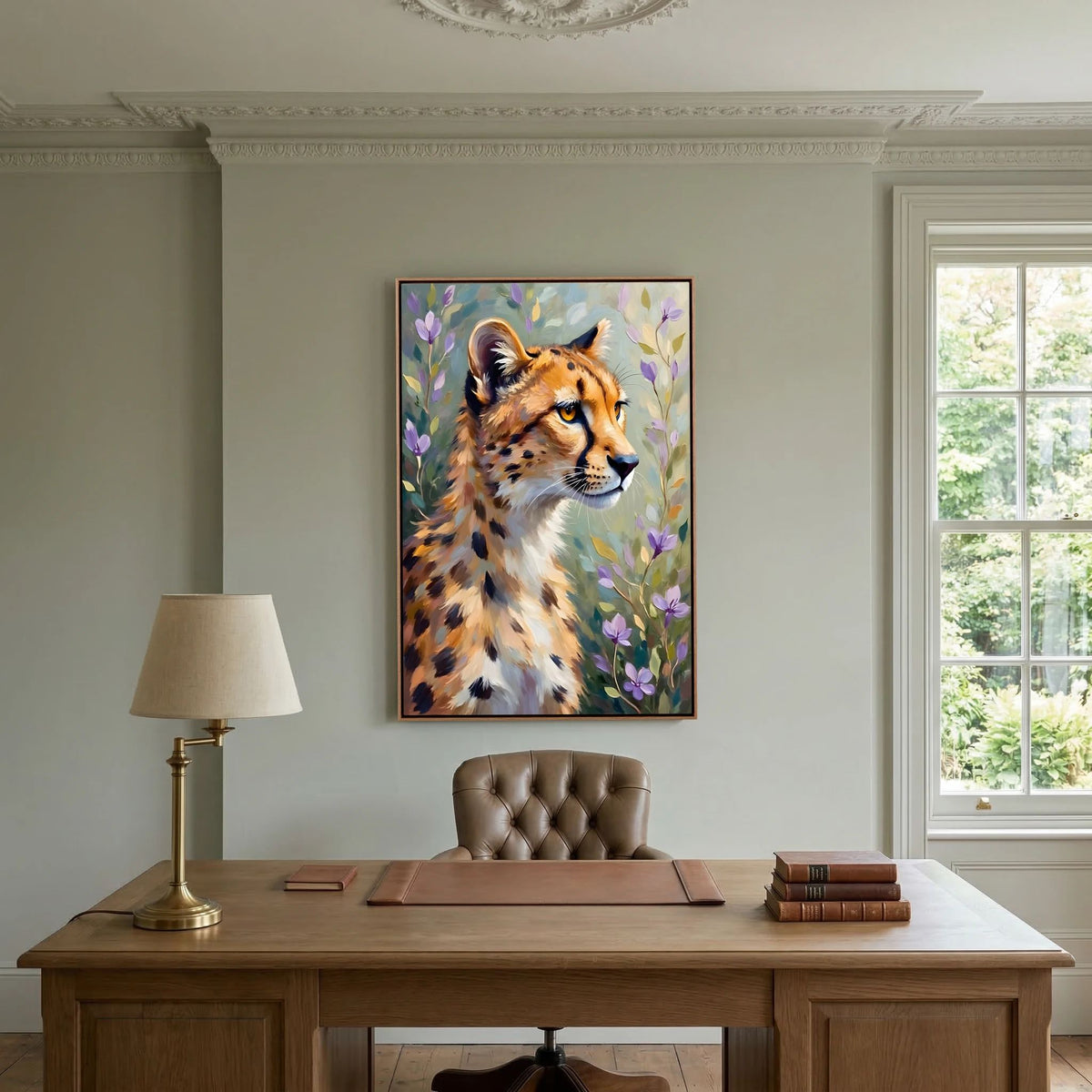 Delicate Oil Style Cheetah In Flowers Canvas Minimalist Wall Decor