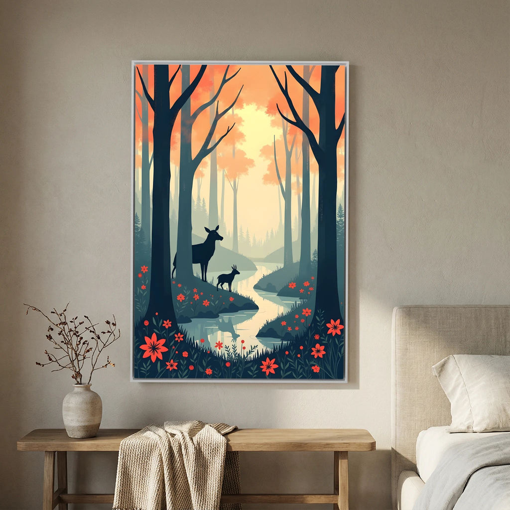 Dark Forest Scene With Deer Abstract Print