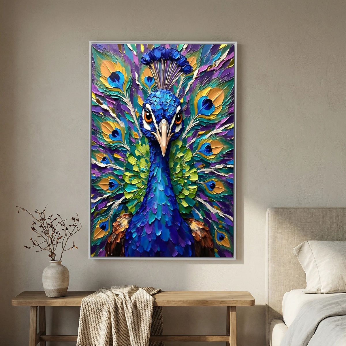 Vibrant Abstract  Oil Style Peacock Minimalist Decor