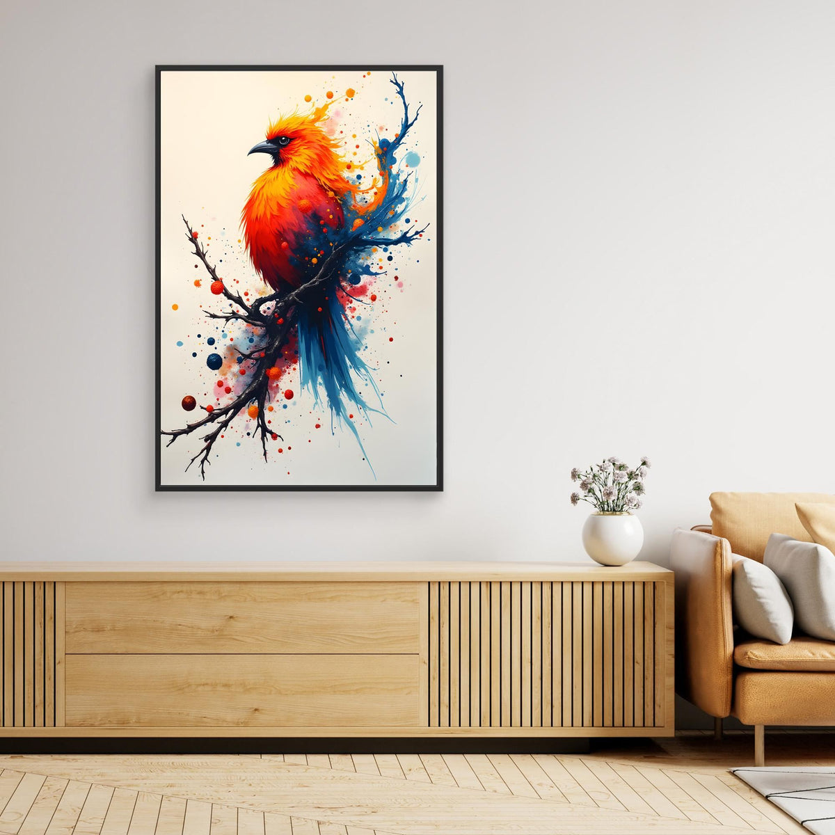 Vibrant Bird On A Branch Minimalist Ink Style Canvas