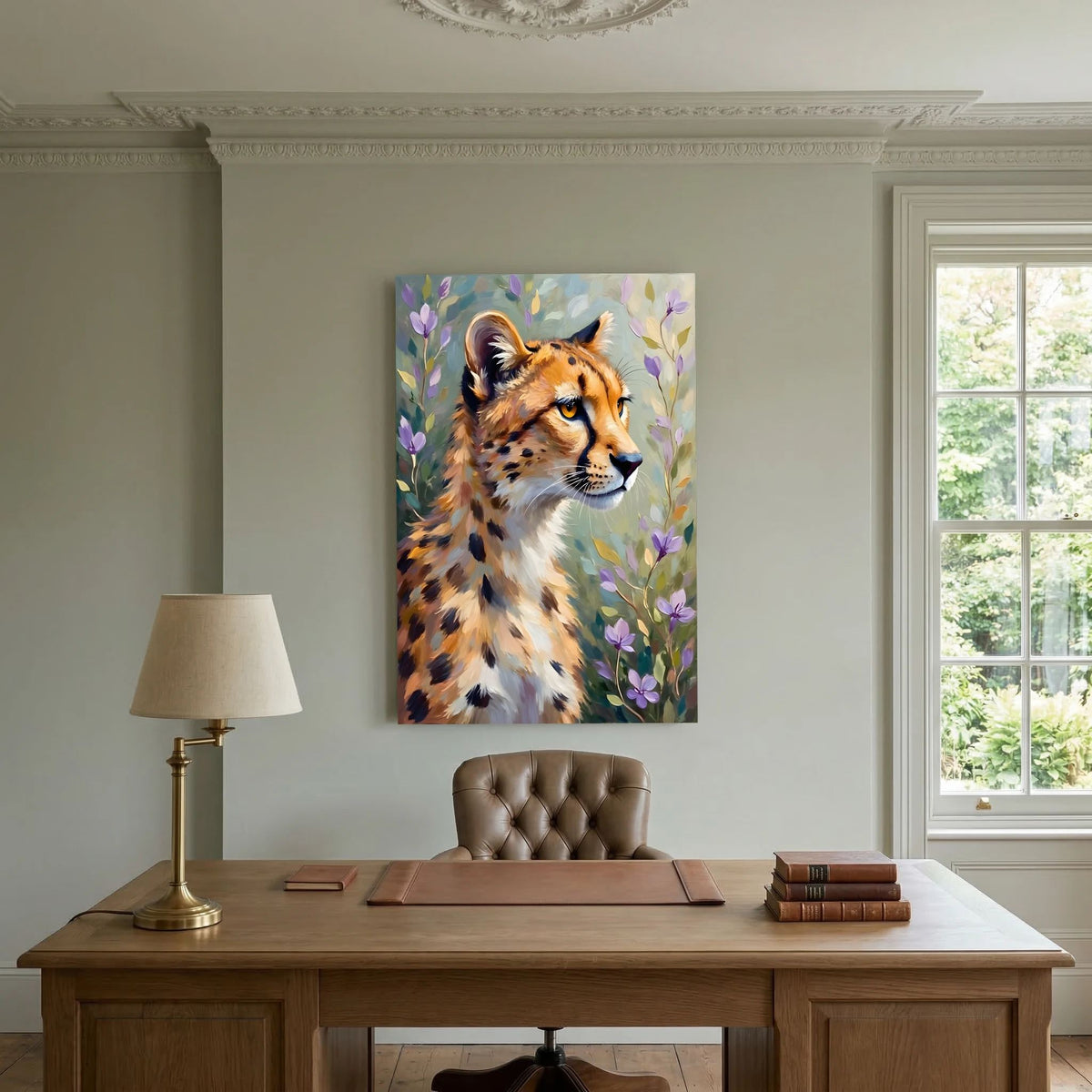 Delicate Oil Style Cheetah In Flowers Canvas Minimalist Wall Decor