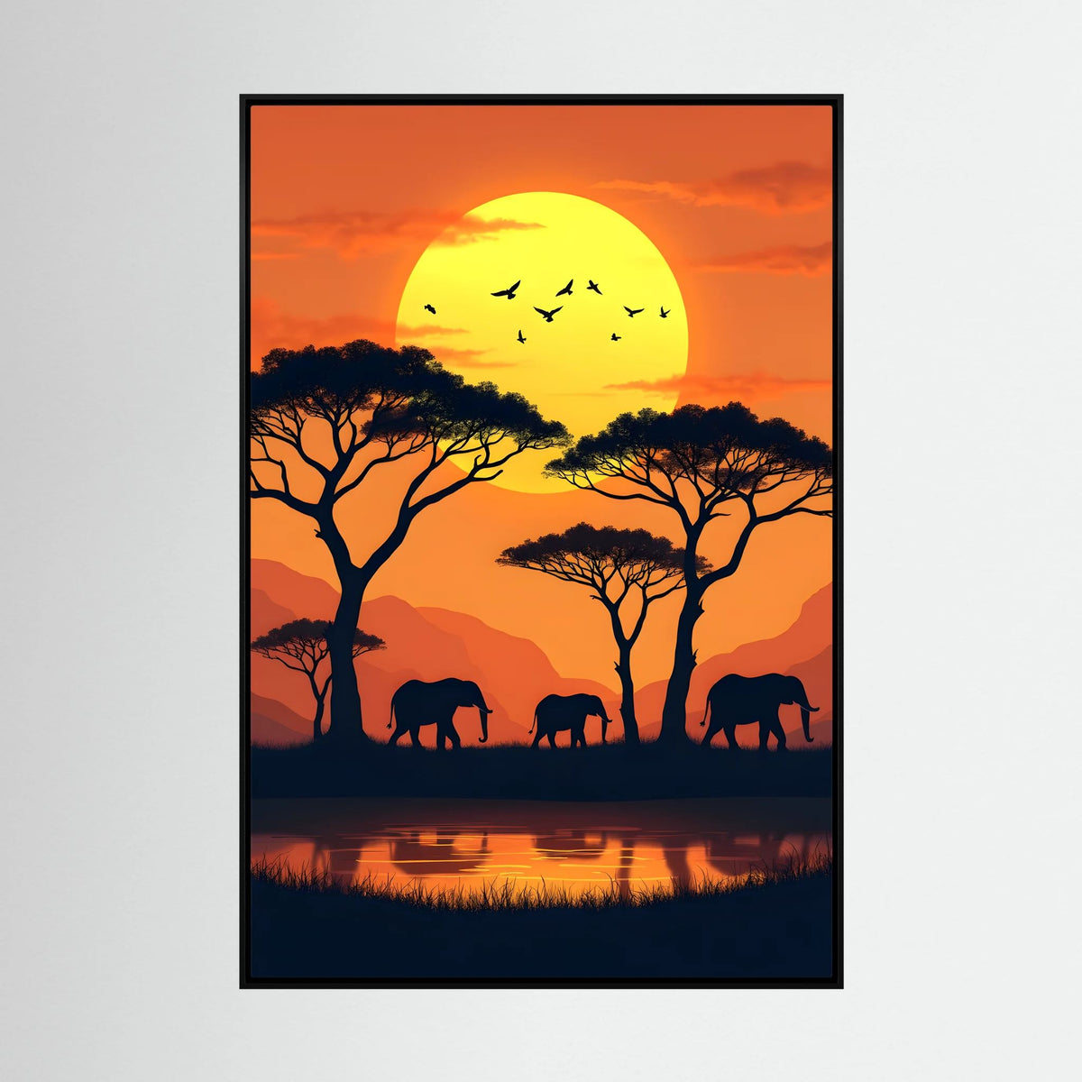 Elephants At The Watering Hole At Sundown Wall Art