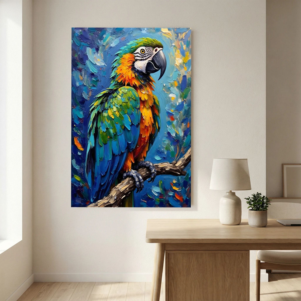Electric Blue Macaw Oil Style Canvas Minimalist Wall Decor