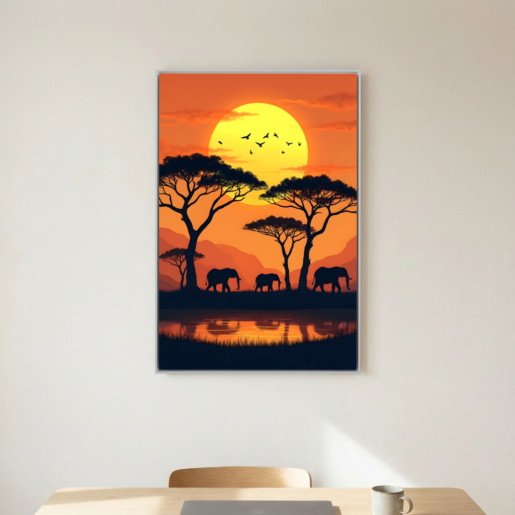Elephants At The Watering Hole At Sundown Wall Art