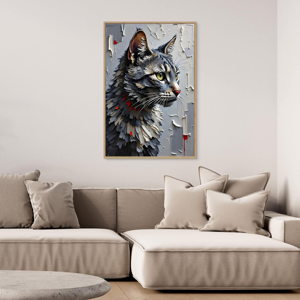 Statement Oil Style Domestic Gray Cat Minimalist Wall Canvas