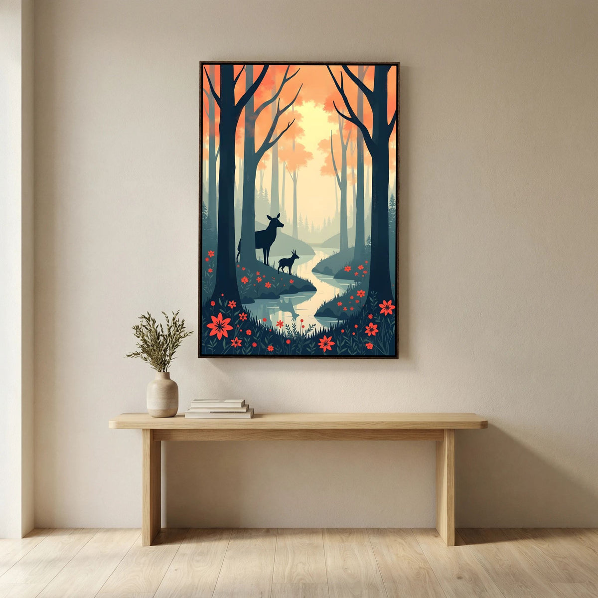Dark Forest Scene With Deer Abstract Print