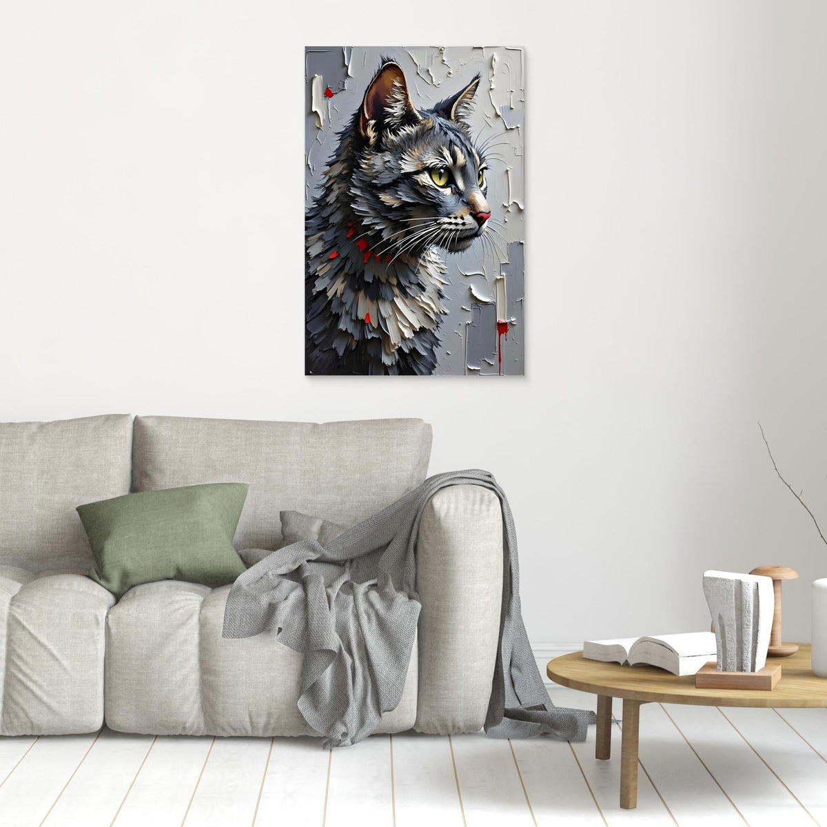Statement Oil Style Domestic Gray Cat Minimalist Wall Canvas