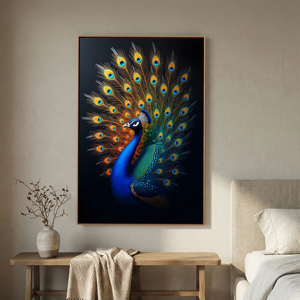 Vibrant Abstract Peacock Black Background Minimalist Wall Canvas