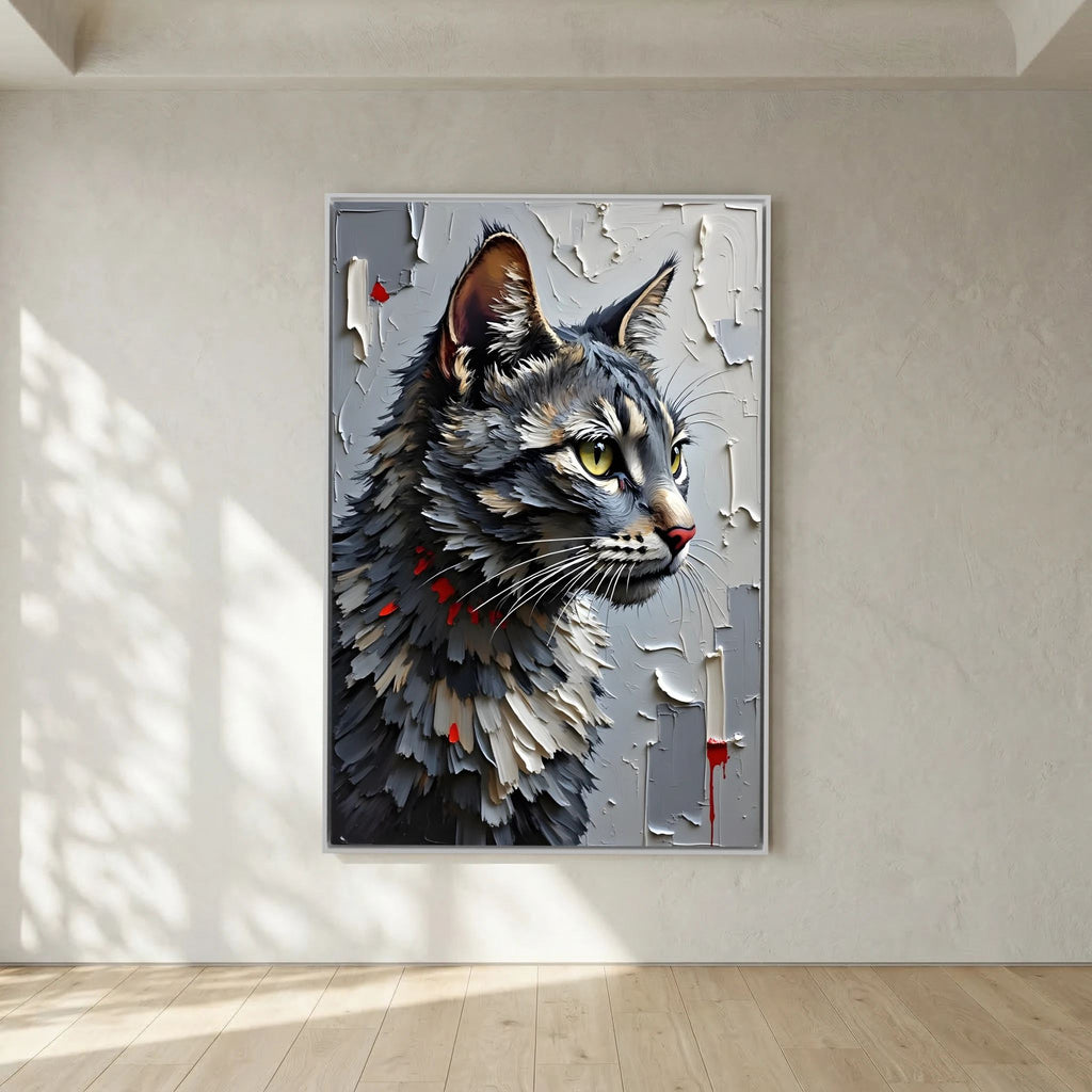 Statement Oil Style Domestic Gray Cat Minimalist Wall Canvas