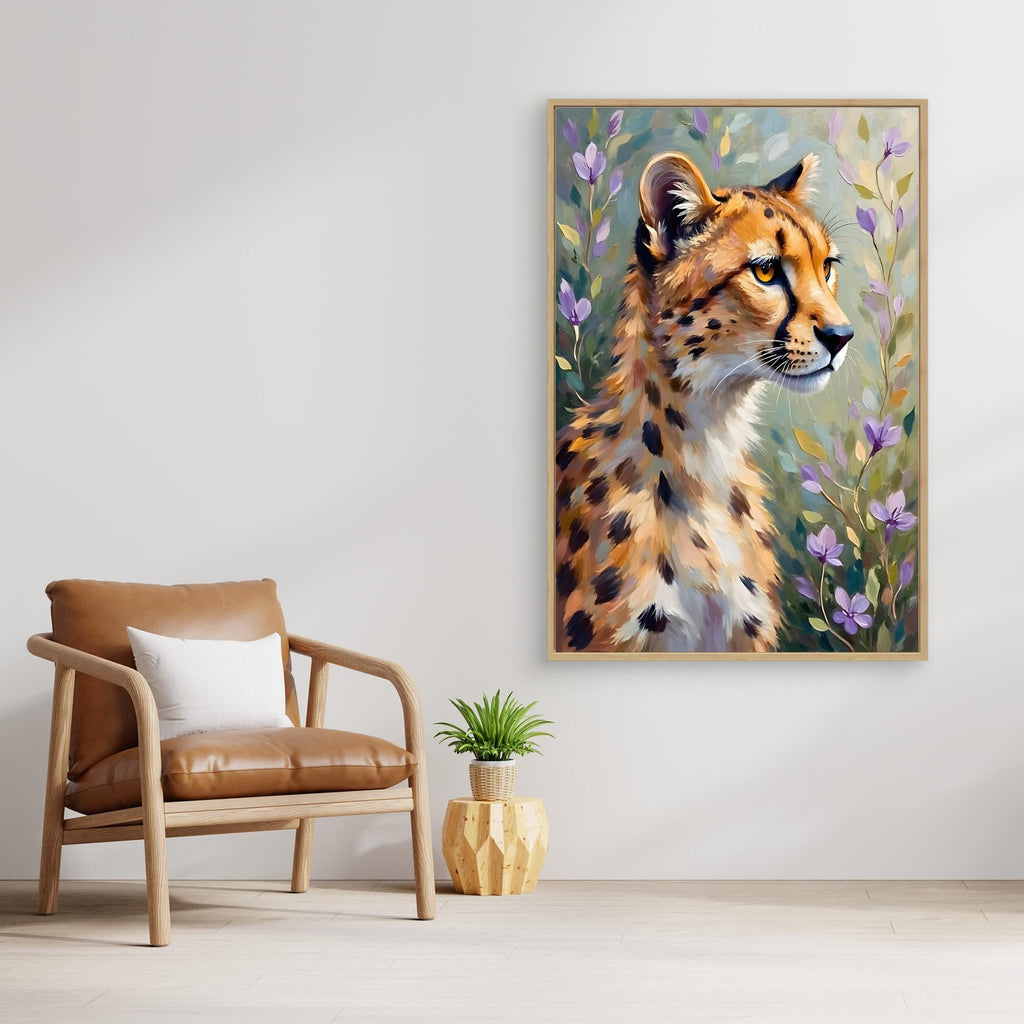 Delicate Oil Style Cheetah In Flowers Canvas Minimalist Wall Decor