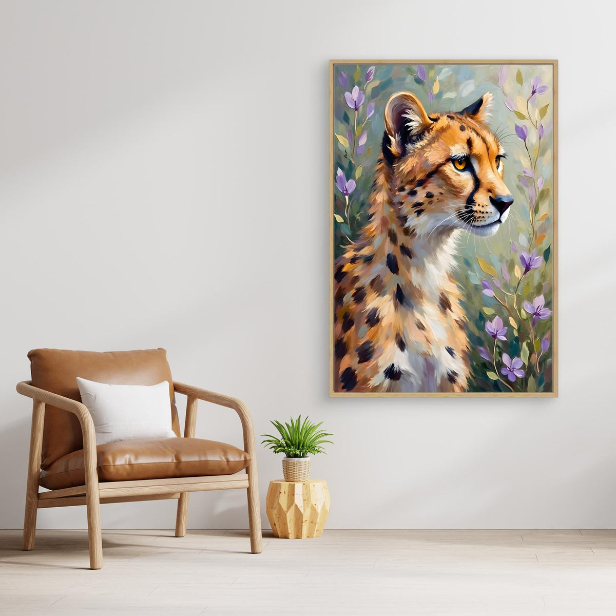Delicate Oil Style Cheetah In Flowers Canvas Minimalist Wall Decor