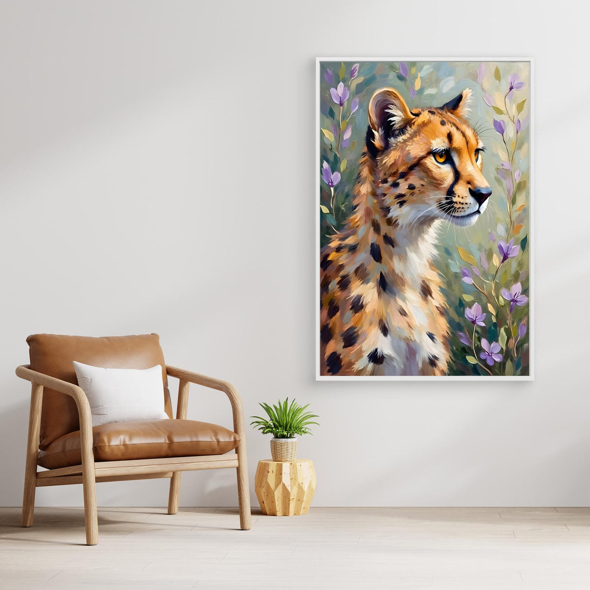 Delicate Oil Style Cheetah In Flowers Canvas Minimalist Wall Decor