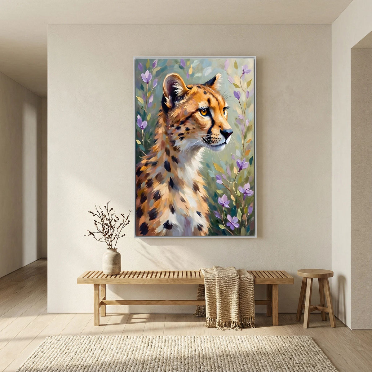 Delicate Oil Style Cheetah In Flowers Canvas Minimalist Wall Decor