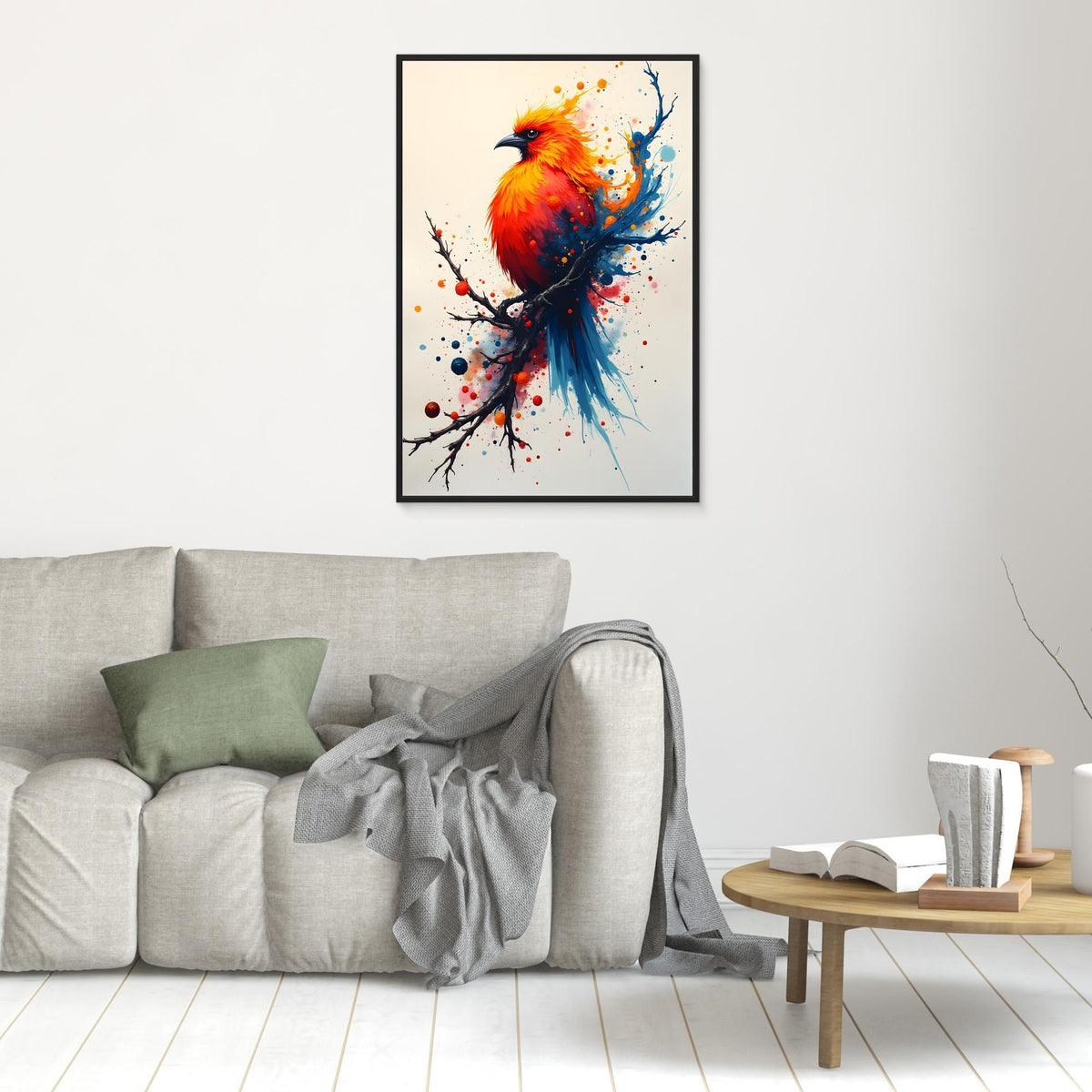 Vibrant Bird On A Branch Minimalist Ink Style Canvas