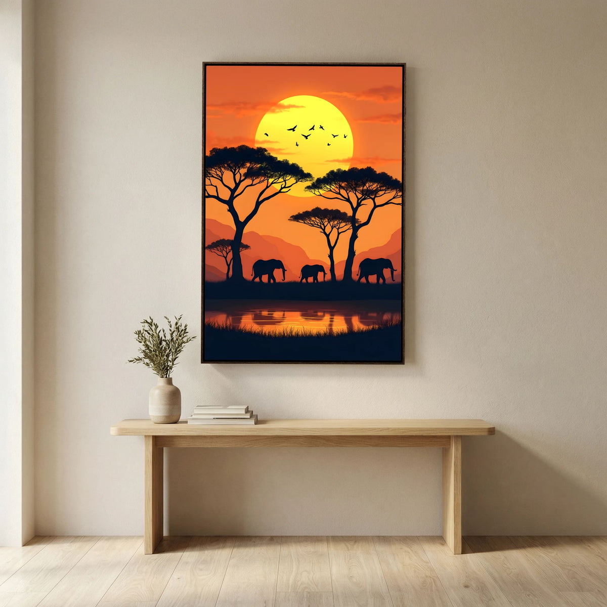 Elephants At The Watering Hole At Sundown Wall Art