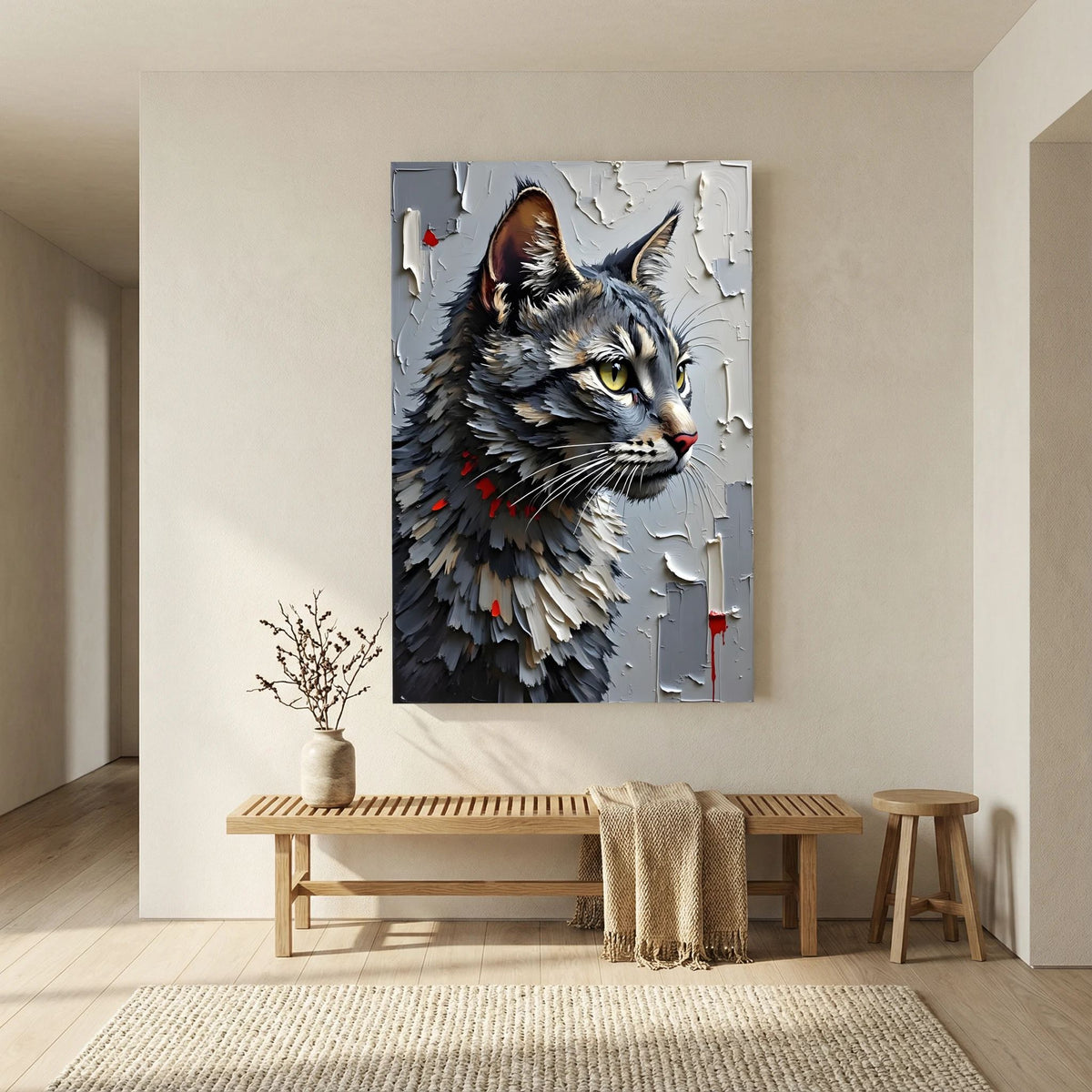 Statement Oil Style Domestic Gray Cat Minimalist Wall Canvas
