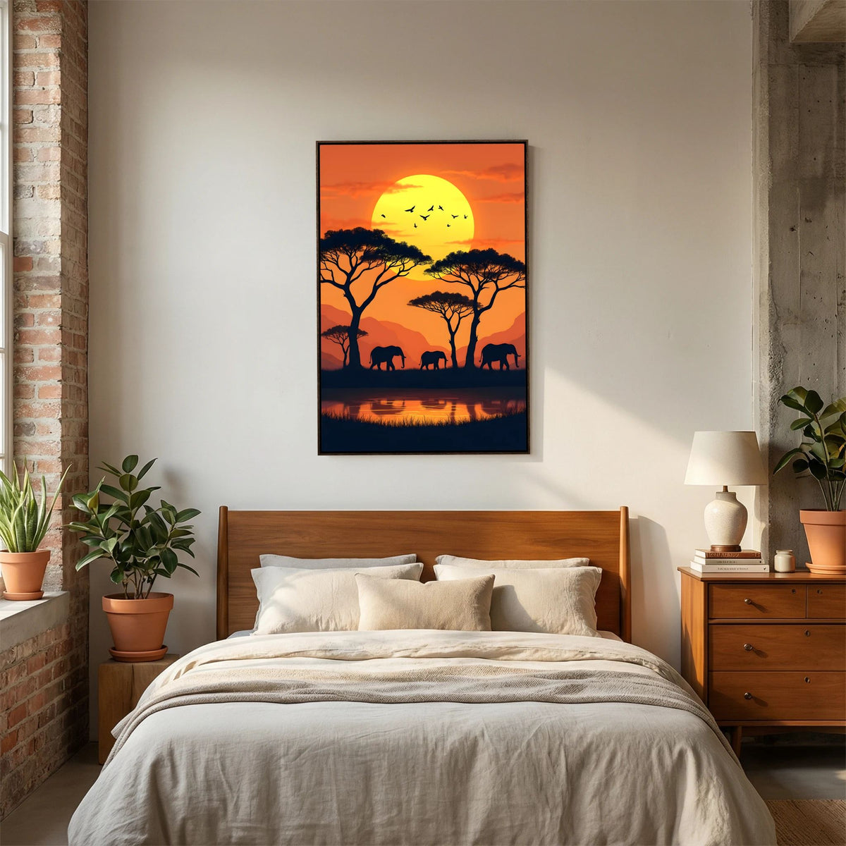 Elephants At The Watering Hole At Sundown Wall Art