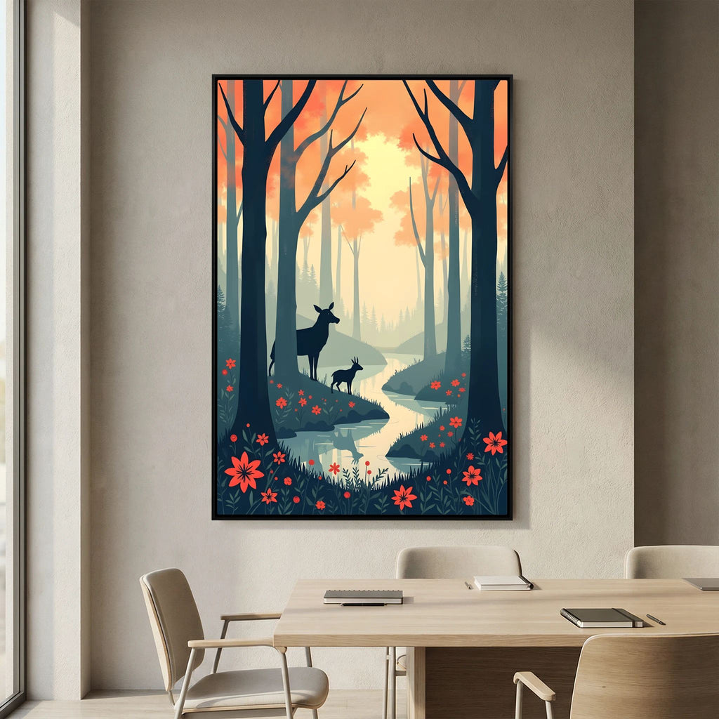 Dark Forest Scene With Deer Abstract Print