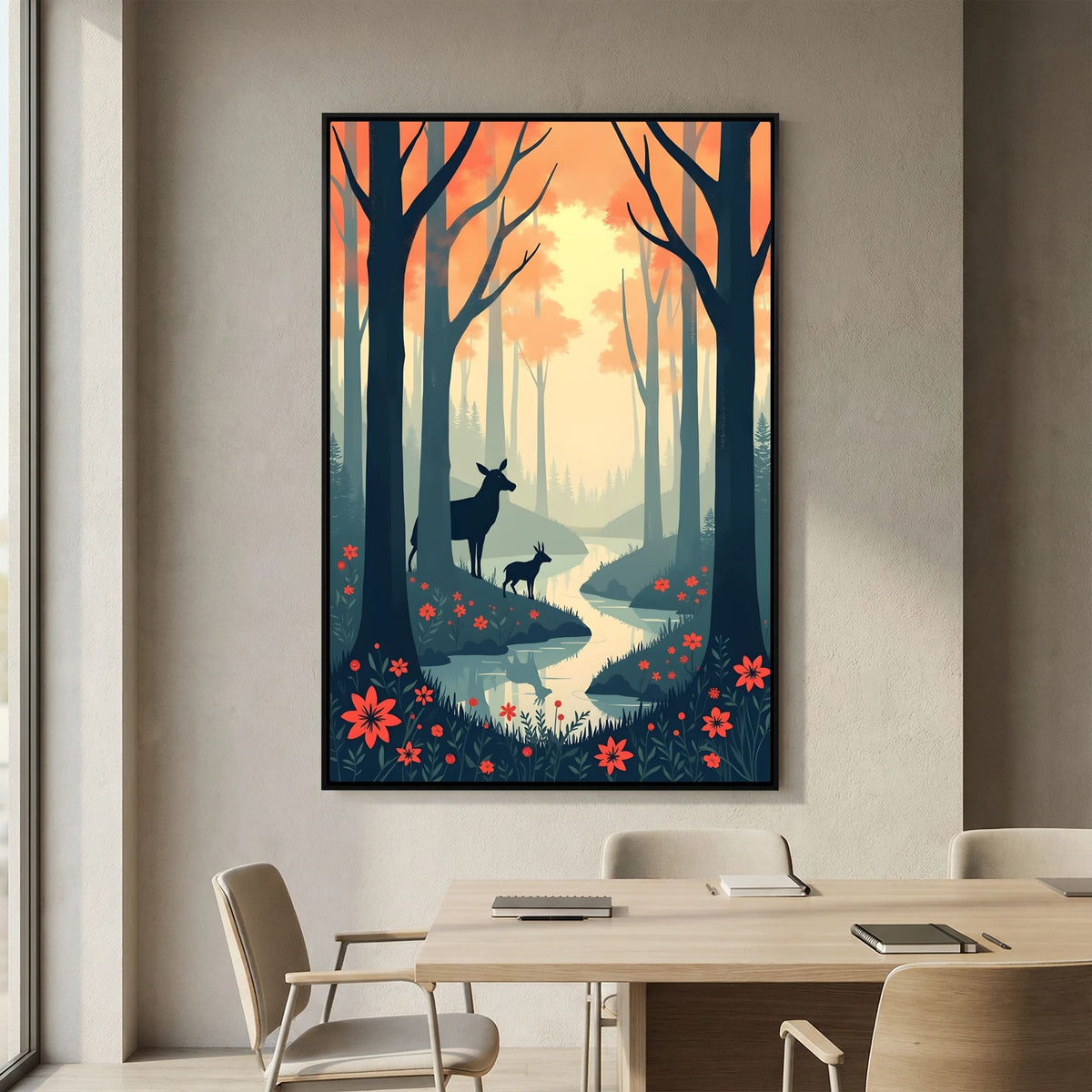 Dark Forest Scene With Deer Abstract Print