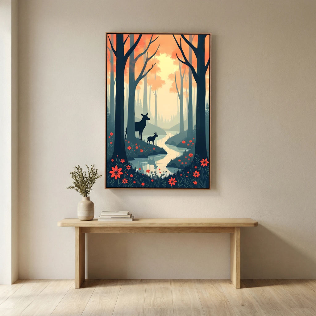 Dark Forest Scene With Deer Abstract Print