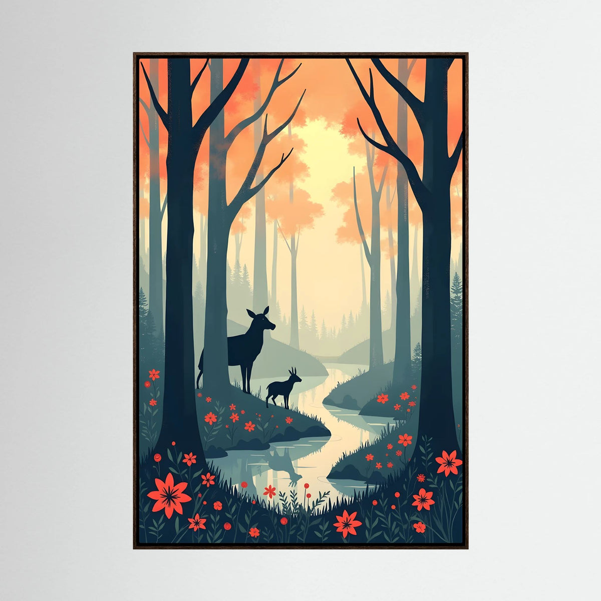 Dark Forest Scene With Deer Abstract Print