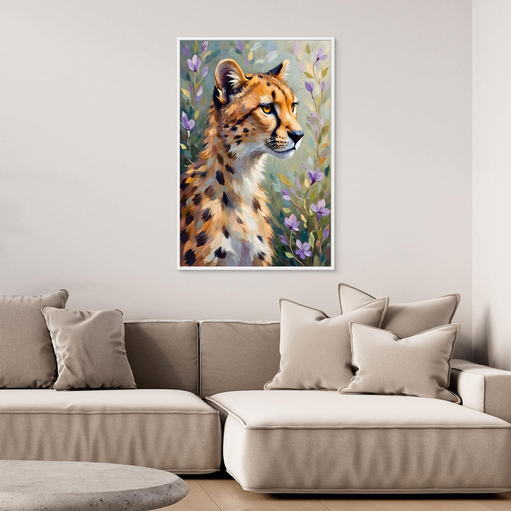 Delicate Oil Style Cheetah In Flowers Canvas Minimalist Wall Decor