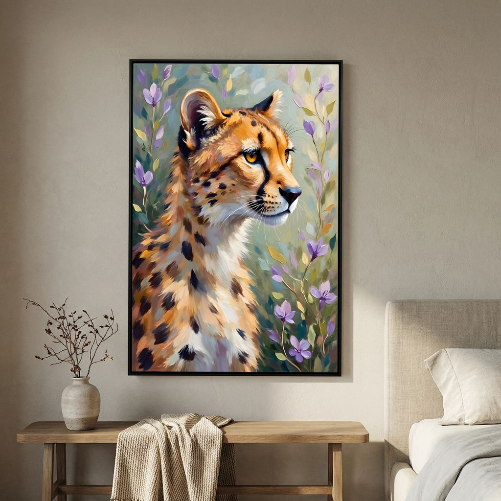 Delicate Oil Style Cheetah In Flowers Canvas Minimalist Wall Decor