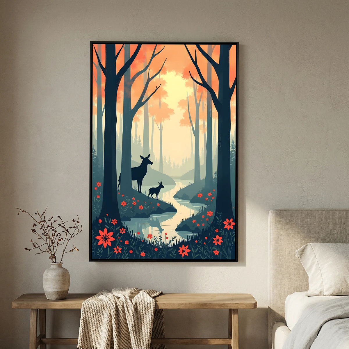 Dark Forest Scene With Deer Abstract Print