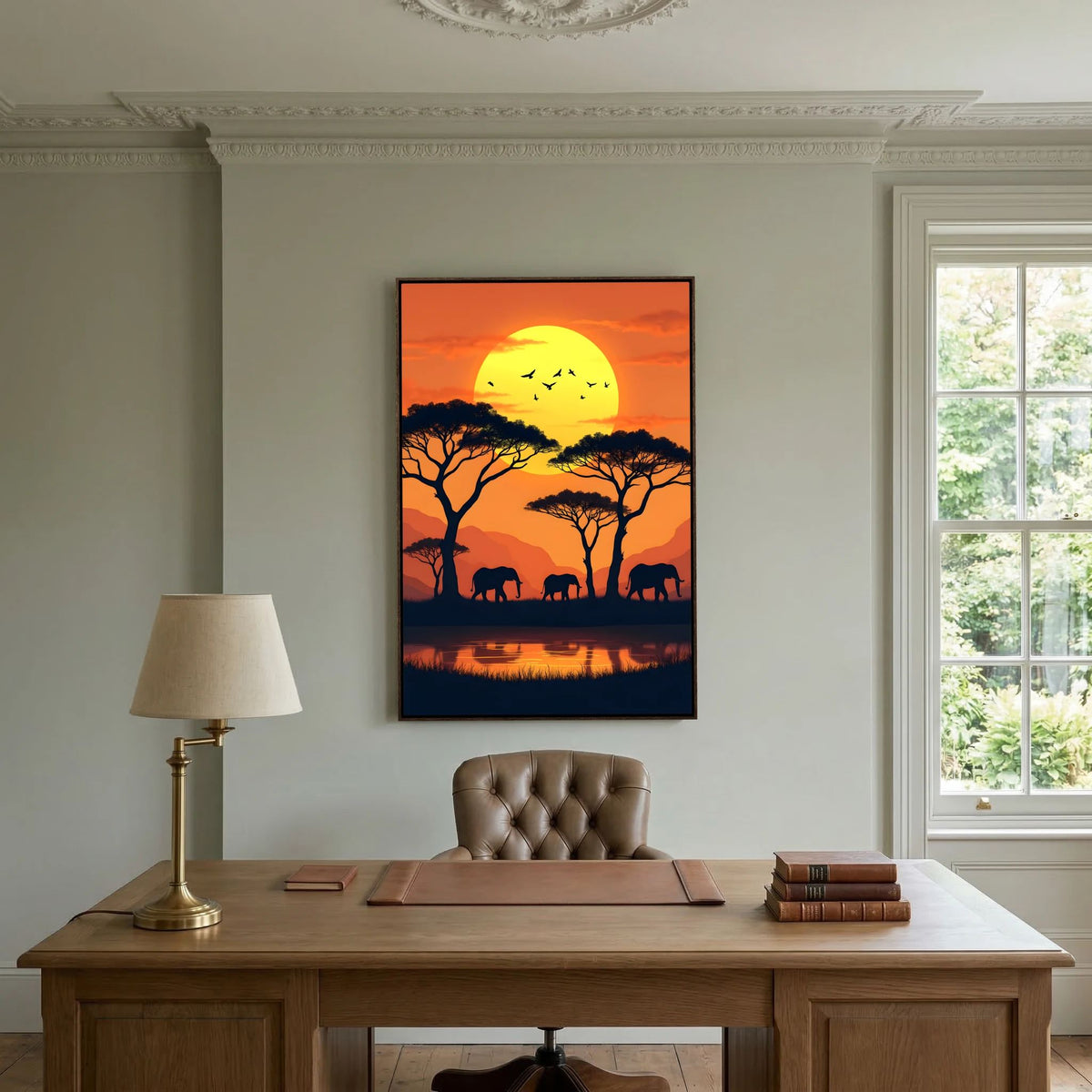 Elephants At The Watering Hole At Sundown Wall Art
