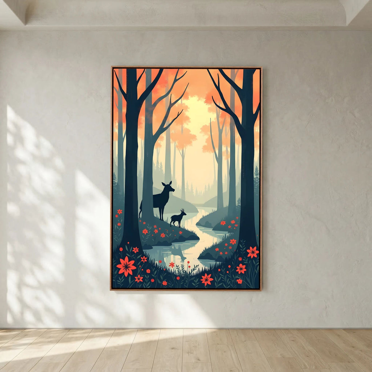 Dark Forest Scene With Deer Abstract Print
