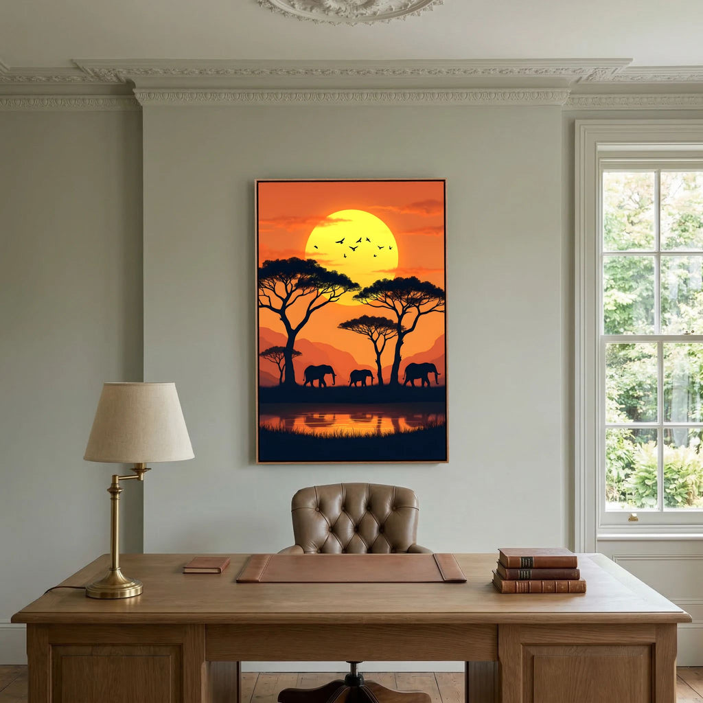 Elephants At The Watering Hole At Sundown Wall Art