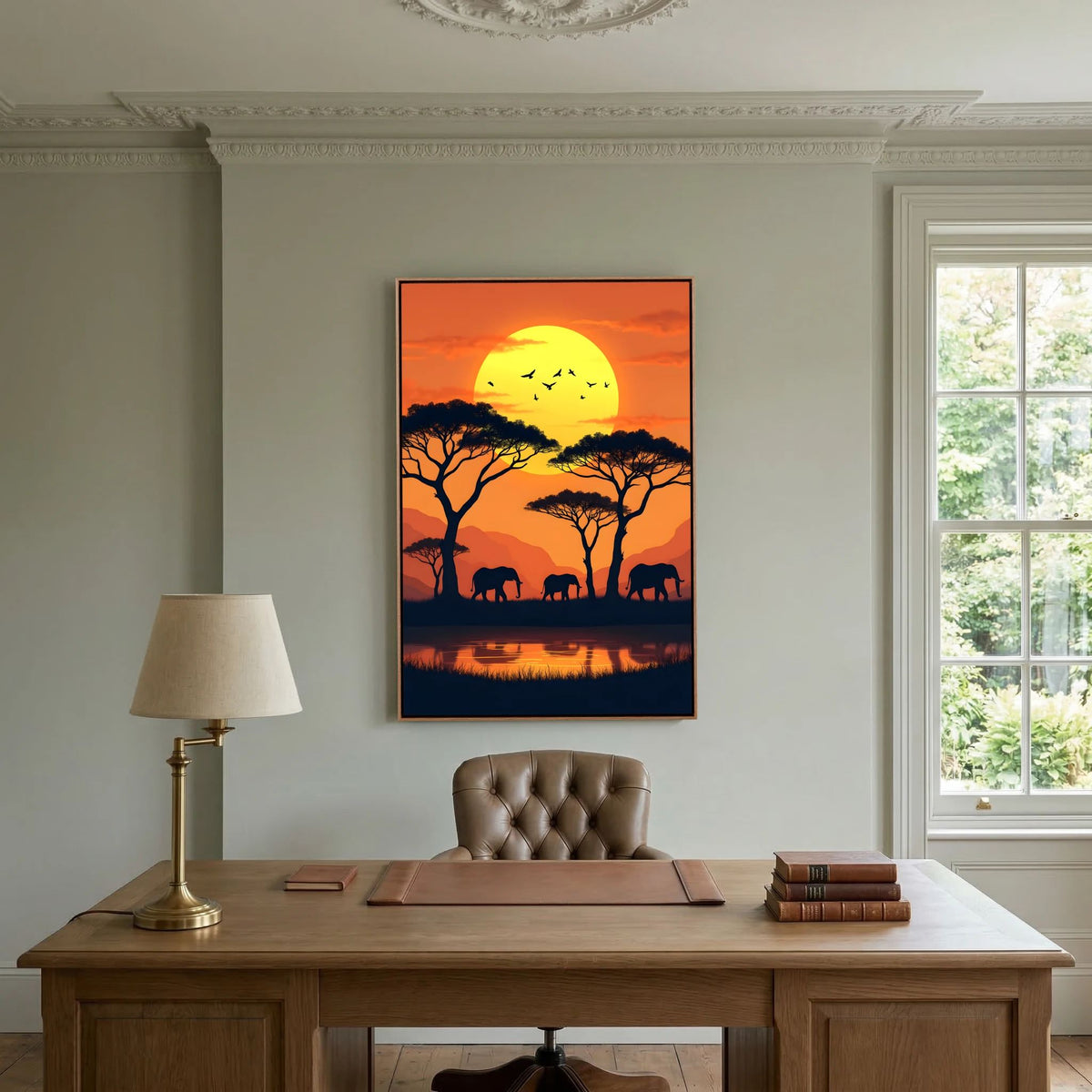 Elephants At The Watering Hole At Sundown Wall Art